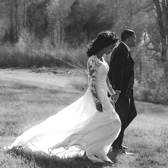 Lace Applique Chiffon A Line Wedding Dress for Bride with Long Sleeves - Picture 7 of 11